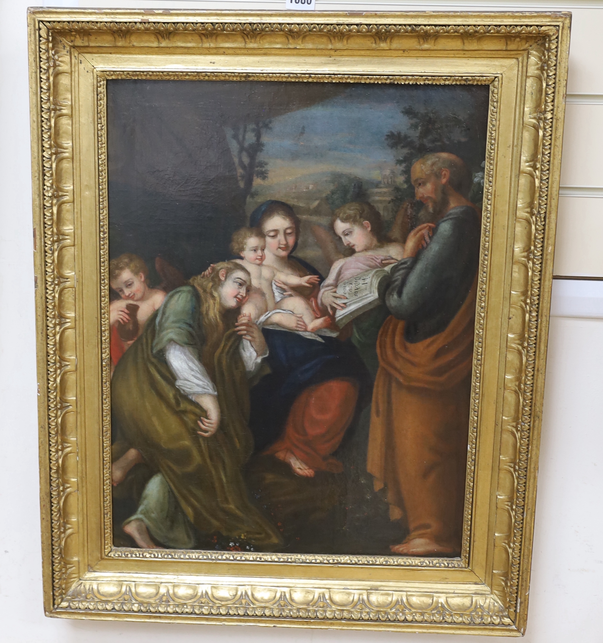 18th century Austrian School, oil on canvas, Holy Family with Elizabeth and John the Baptist, inscribed in German verso, 54 x 41cm